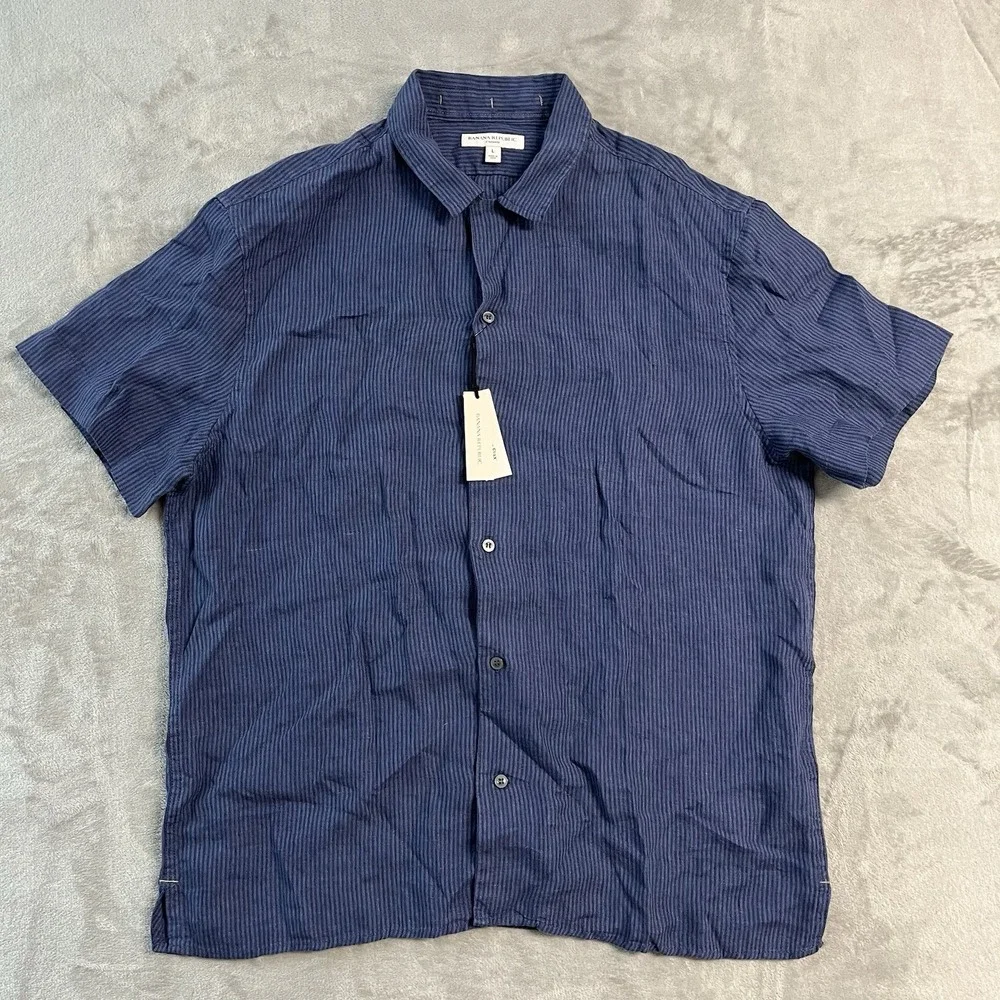 Banana Republic Standard Shirt Mens L Blue Striped 100% Linen Short Sleeve